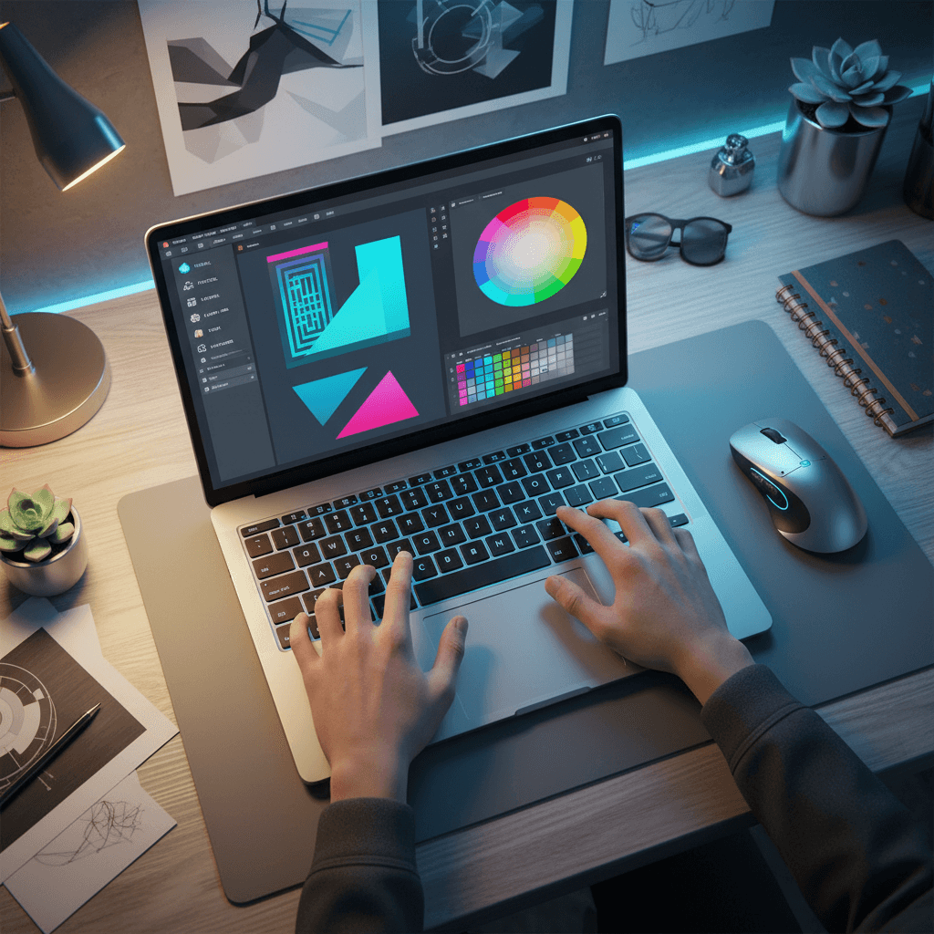 Designer's hands on keyboard working in design software with tools nearby