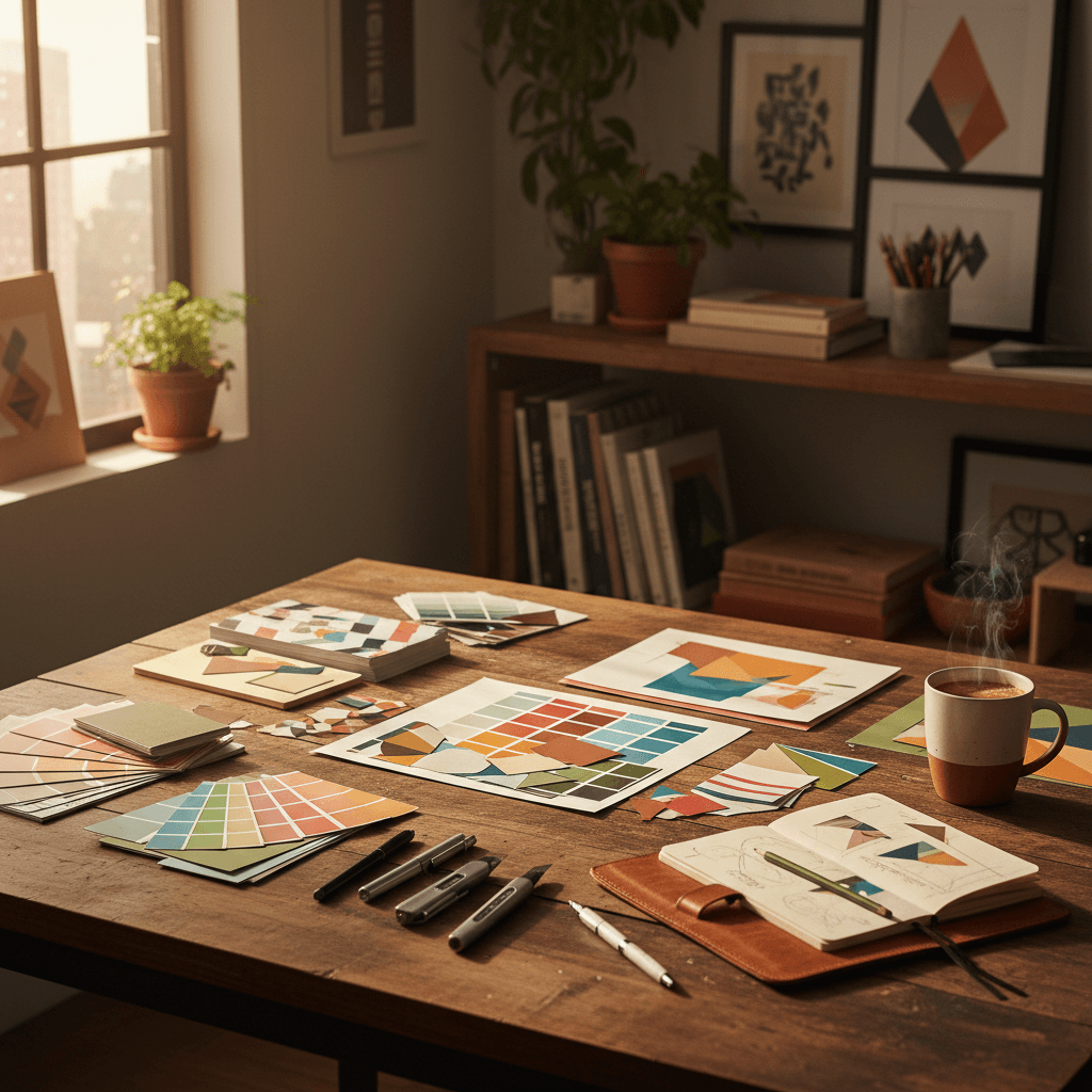 Creative workspace with design assets and productivity tools organized on wooden desk