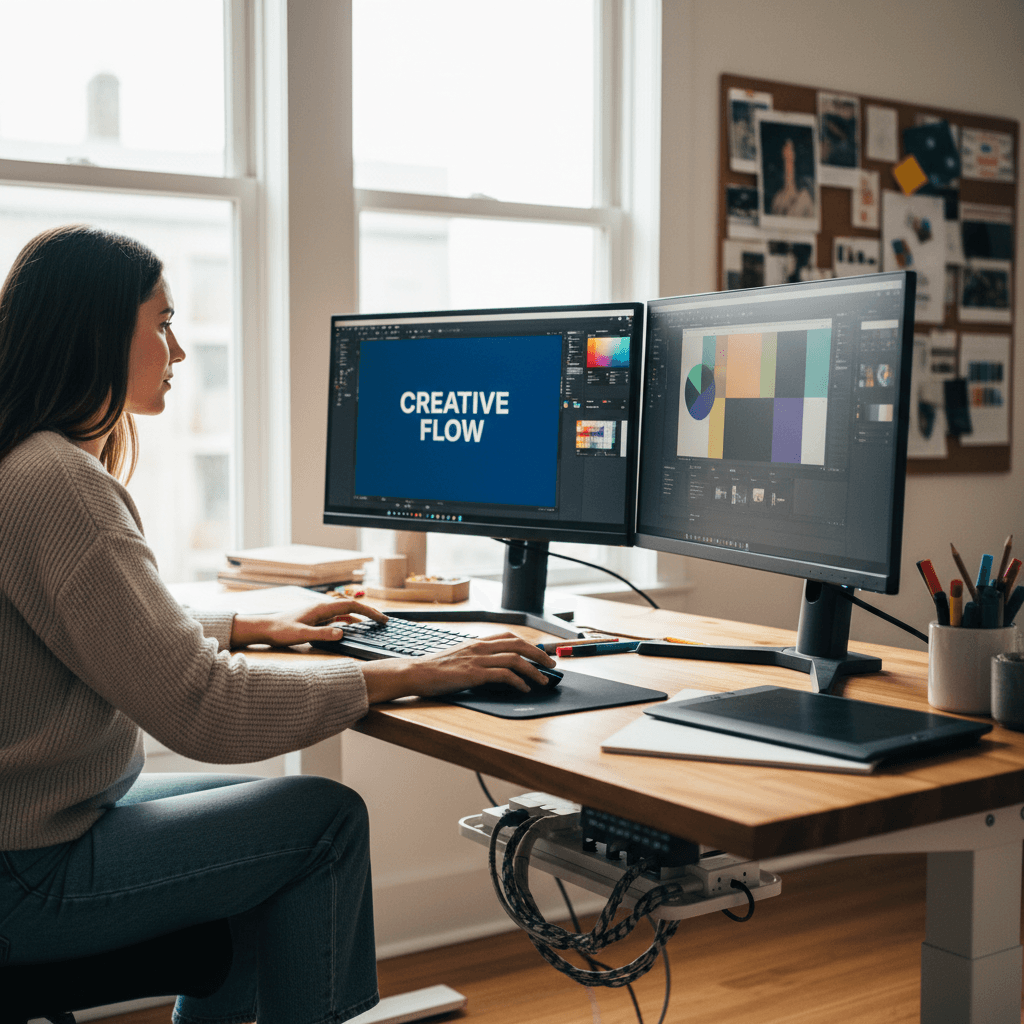 Graphic designer working in design software on dual monitors