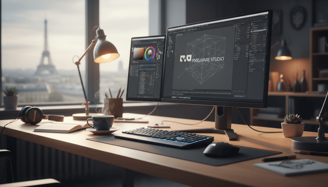 Creative professional's desk workspace at PixelWare Store's Paris studio