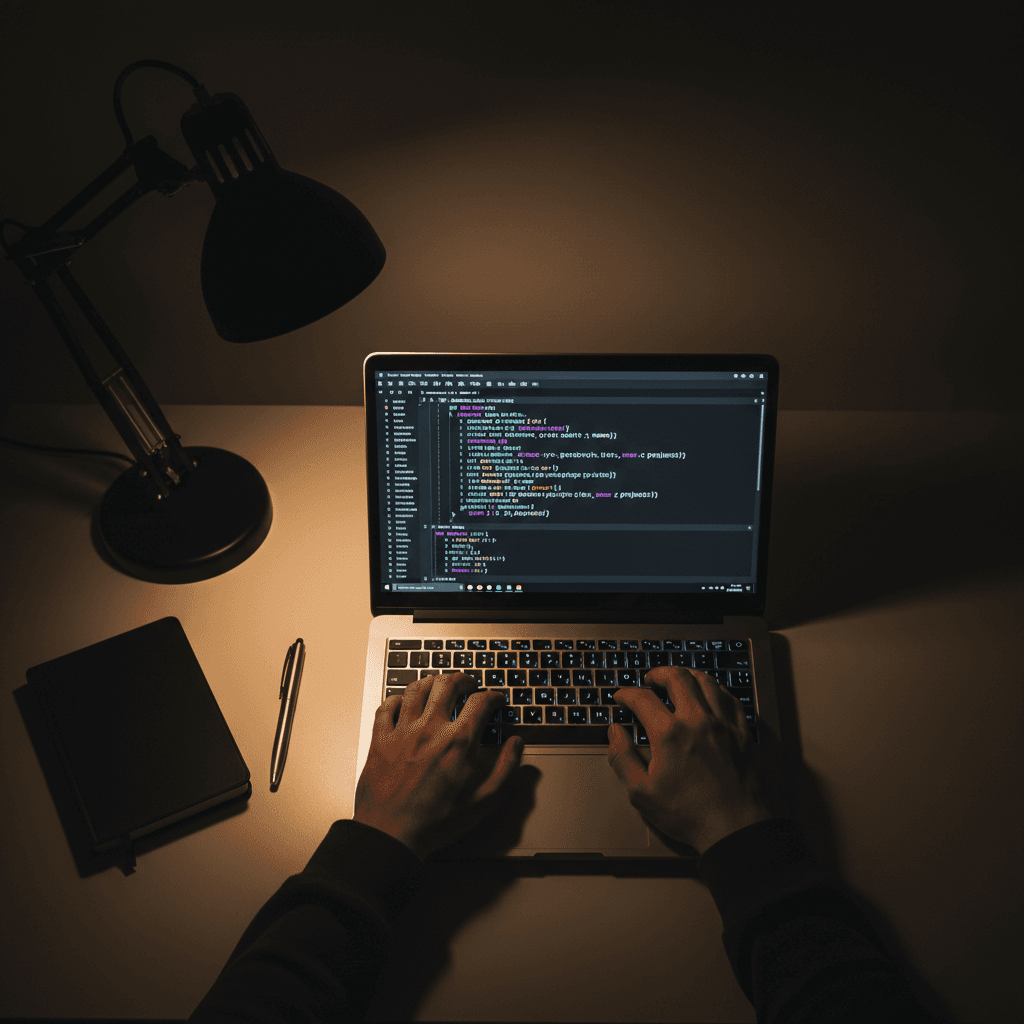 Developer writing code in an IDE with focused lighting