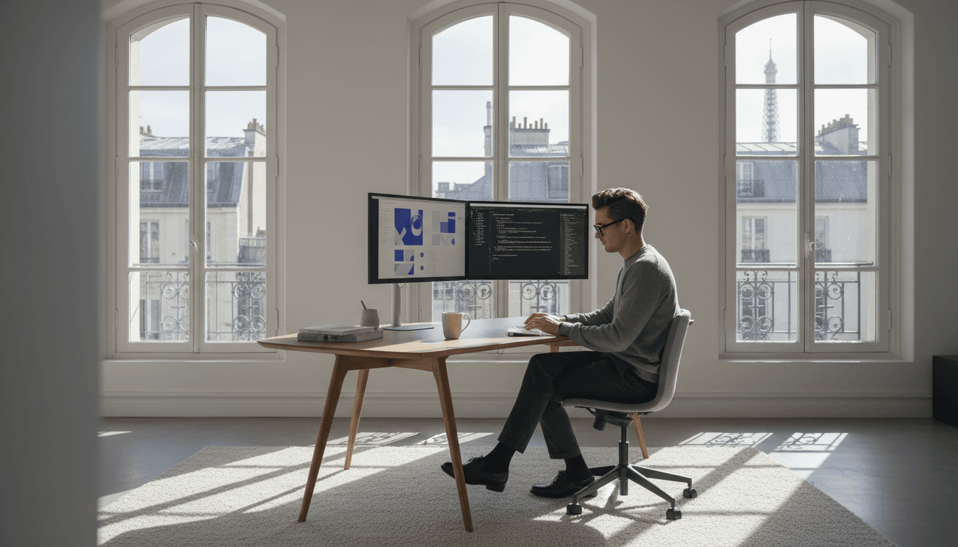 Creative professional working at desk in modern Paris office