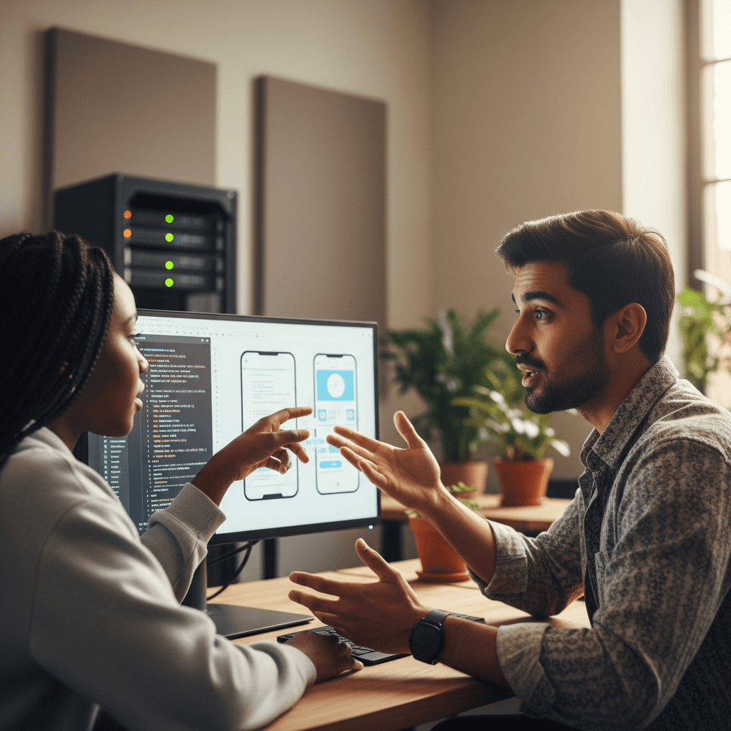 Developer and designer collaborating and discussing work on shared monitor