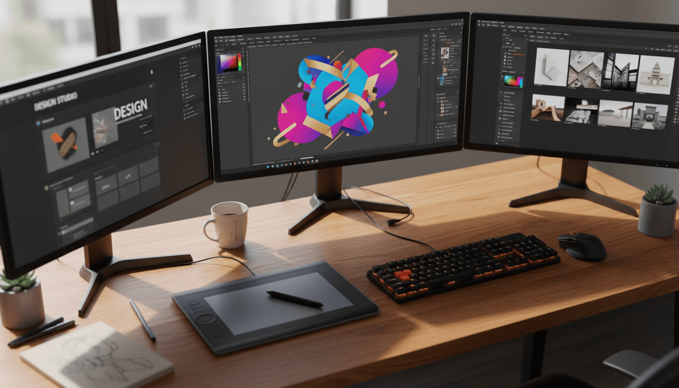 Creative professional's workspace with multiple monitors displaying design software and digital tools