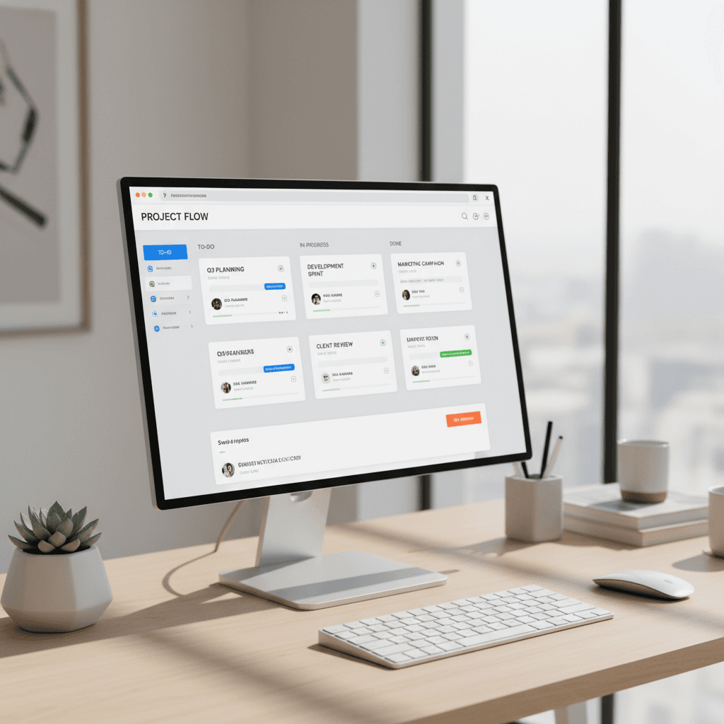 Productivity software interface displayed on monitor in professional workspace